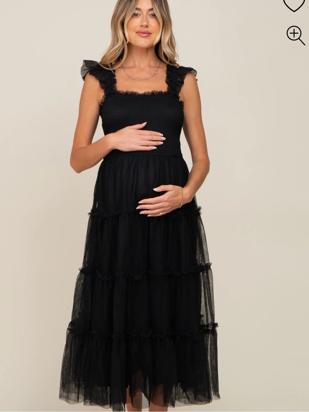Pink Blush BiBi Black Smocked Mesh Ruffle Accent Maternity Midi Dress